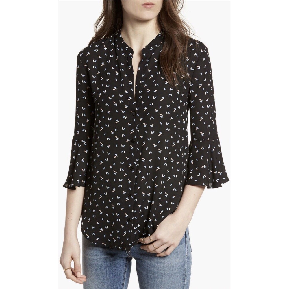 Lush Women's All In Favor Print Bell Sleeve Shirt Size XS EUC Navy Blue Floral